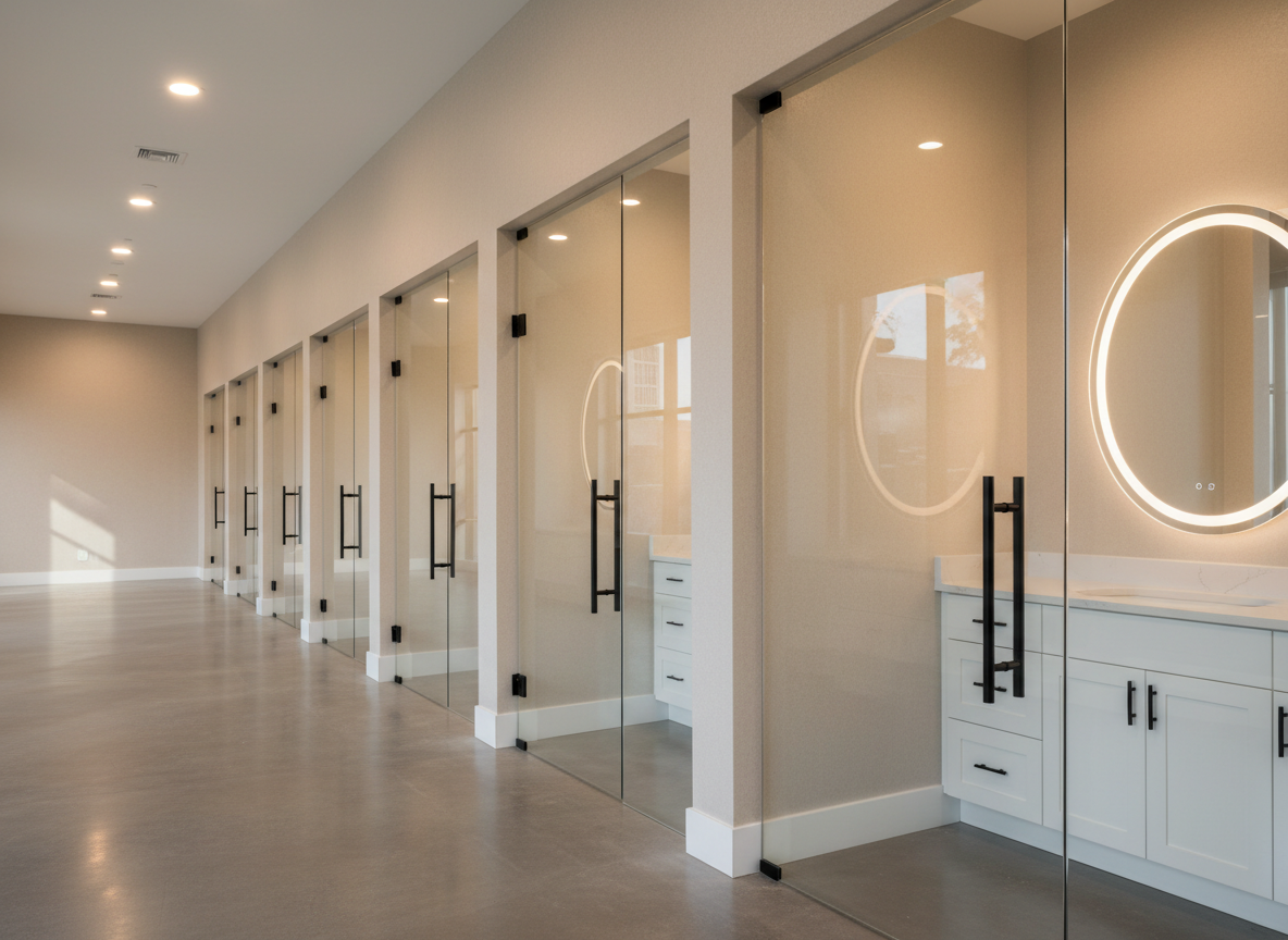 A row of impeccably designed modern salon suites viewed through a wide glass corridor, each suite featuring frameless glass doors, matte black hardware, and soft beige walls with subtle texture. Inside, sleek white cabinetry, quartz countertops, and backlit floating mirrors gleam under warm recessed ceiling lights. The polished concrete floor reflects faint highlights, leading the eye down the hallway. Soft, diffused daylight enters from an unseen window, blending with the ambient lighting to create a calm, luxurious glow. Photographic realism at eye level, with a deep depth of field capturing the entire corridor, emphasizes sophistication, cleanliness, and high-end professionalism, with no human presence anywhere in the scene.