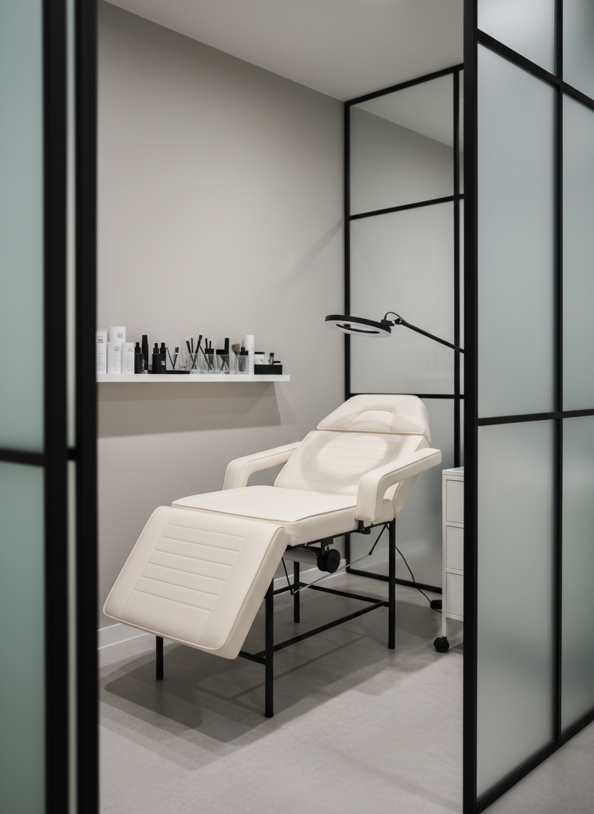 A compact yet ultra-modern salon suite designed for a lash or brow specialist, featuring a fully reclined, matte cream treatment bed with squared edges and slim black metal legs, centered against a smooth greige wall. A narrow floating shelf holds neatly organized, unlabeled containers and tools, all in monochrome tones. To the side, a mobile trolley with concealed drawers and a discreet built-in LED ring light on an adjustable arm stands ready. The room is enclosed by frosted glass panels framed in black, allowing diffused daylight to bathe the space in a soft, even glow. Photographic realism from a slightly diagonal angle, shallow depth of field subtly blurs the far corners, creating an intimate, meticulous, and clinical-lux atmosphere.