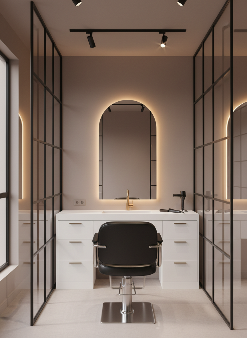 A single, high-end salon suite interior meticulously styled, featuring a sculptural black leather styling chair with chrome accents centered in front of an oversized, backlit arched mirror mounted on a smooth taupe wall. A built-in white vanity with integrated sink and brushed gold faucet runs beneath the mirror, topped with minimalist, neatly arranged tools and closed storage. The suite is enclosed by clear glass walls with matte black framing, revealing a blurred hint of adjacent suites. Warm, directional track lighting and soft natural light from a side window create layered illumination and gentle shadows. Shot in photographic realism from a slightly elevated angle, the composition uses the rule of thirds, creating a serene, exclusive, and impeccably organized atmosphere.